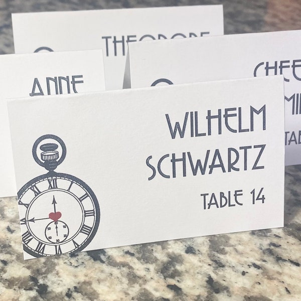 Pocketwatch Place Card for Offbeat or Steampunk Wedding Receptions or parties, arrive folded and ready to use. Quick turnaround