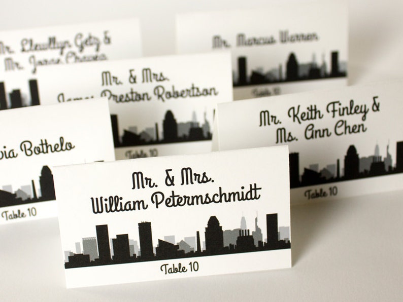 Baltimore Skyline Printed and Folded Place Card with Guest Name and Table for Weddings or Parties, choose font and color image 3