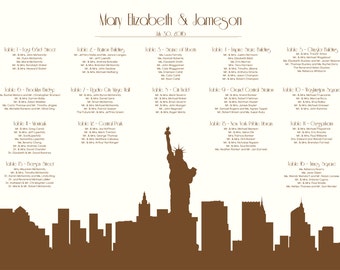 Statue of Liberty Printable Seating Chart Poster with Skyline and guests by table. Ink color, font, all text custom. Quick turnaround time.