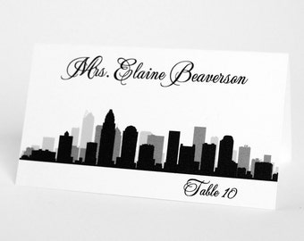 Printed Charlotte Skyline Place card for North Carolina wedding or party, choose font, color. Arrive quick, folded, ready to use