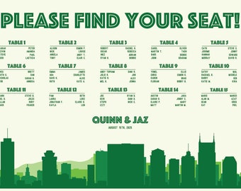 Nashville Skyline Printable Seating Chart Poster for weddings, sent ready to print. Color, font, all text custom. Quick turnaround.