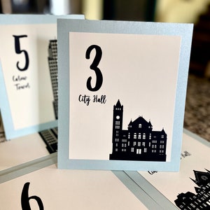 Puede incluir: Tarjetas de número de mesa con un borde azul claro y un fondo blanco. Cada tarjeta presenta una silueta negra de un hito de Cincinnati y el número de la mesa. La tarjeta que se muestra es el número 3, con una silueta del Ayuntamiento de Cincinnati.