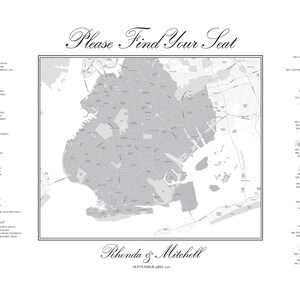 Brooklyn Map Printable Seating Chart for weddings, bar mitzvahs, sent ready to print. Ink color, font, all text custom. Quick turnaround.