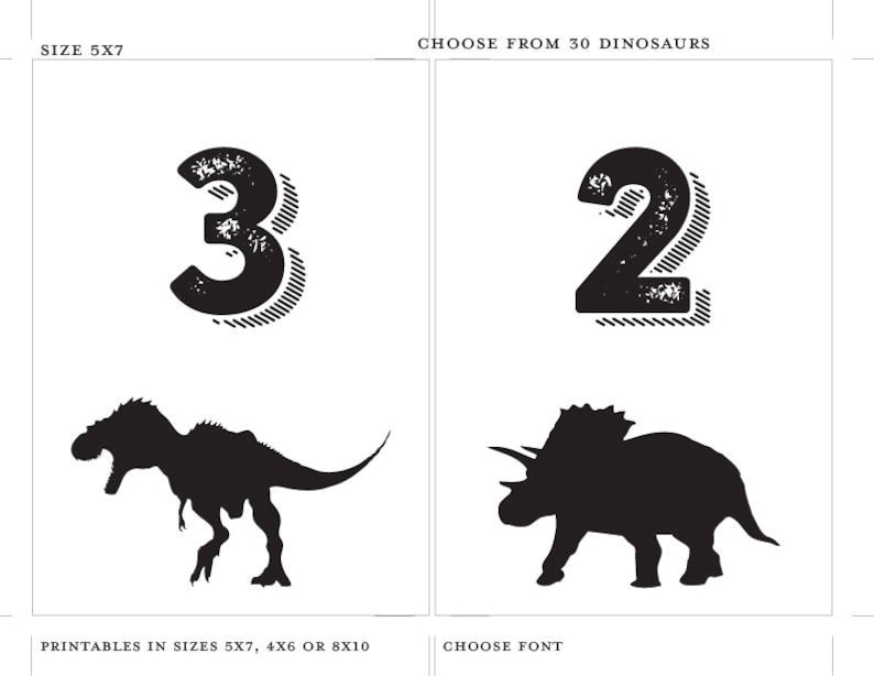 Dinosaur Printable Table Number Bar Mitzvah Wedding Reception Decor Sign Cards 4x6 5x7 or 8x10 Choose Font, Color and Dinosaurs image 2