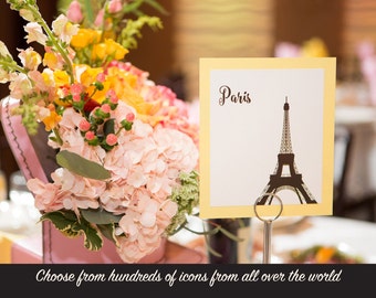 World Travel Table Number for Wedding Reception or Party Decor, hundreds of landmarks and color combinations available