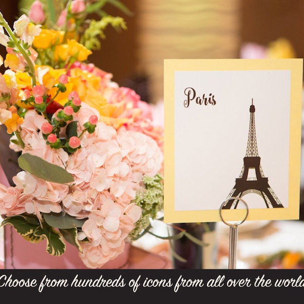 World Travel Table Number for Wedding Reception or Party Decor, hundreds of landmarks and color combinations available