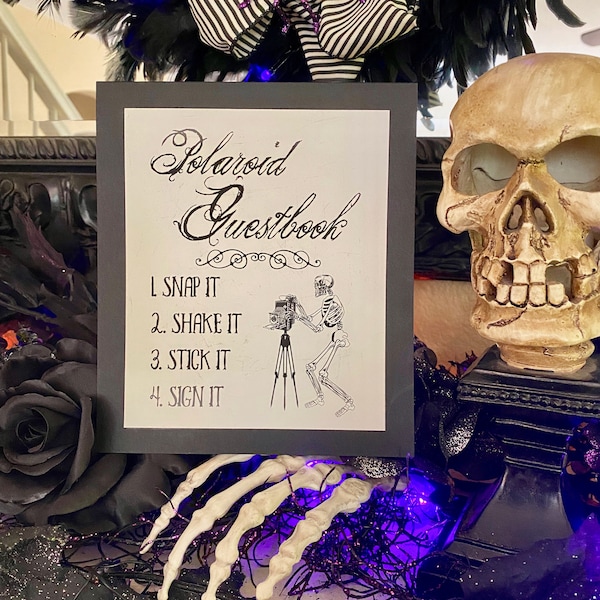 Printed Photo Guest Book Sign for Wedding or party photo booth, Snap It text with Gothic Skeleton, choose colors, alternate text by request