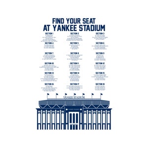 Yankee Stadium Printable Seating Chart for Weddings, Bar Mitzvahs. Sent ready to print. Ink color, font, all text custom. Quick turnaround.