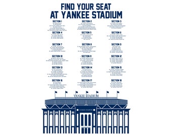 Yankee Stadium Printable Seating Chart for Weddings, Bar Mitzvahs. Sent ready to print. Ink color, font, all text custom. Quick turnaround.
