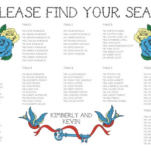 Traditional Tattoo Style Sparrows and Roses Printable Seating Chart, sent ready to print. Ink color, font, text custom. Quick turnaround.