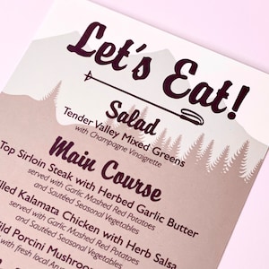 Custom Ski Mountain Wedding Menu: Printable or Printed, snowboard also available