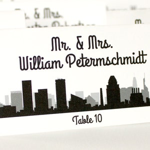 Baltimore Skyline Printed and Folded Place Card with Guest Name and Table for Weddings or Parties, choose font and color image 1