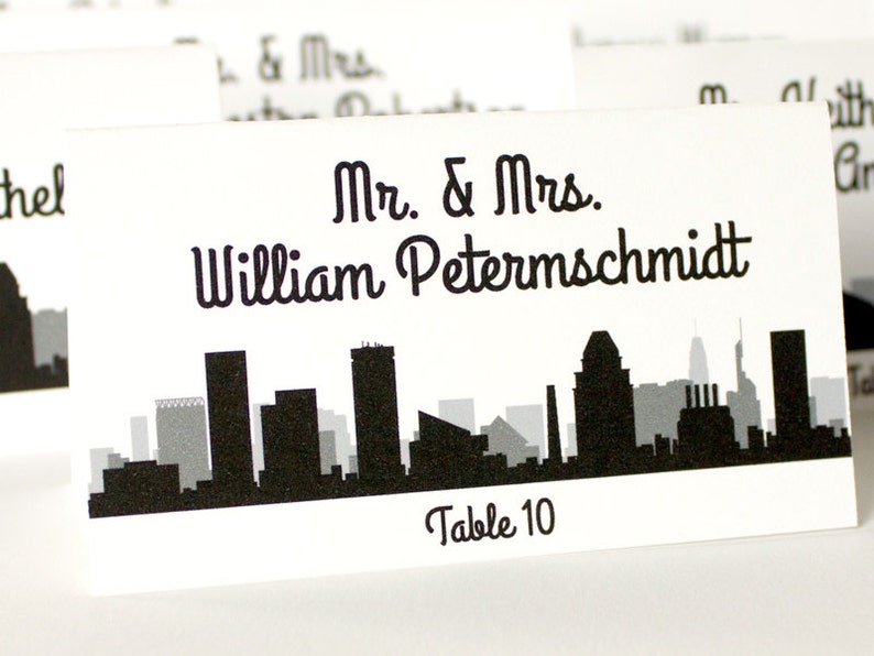 Baltimore Skyline Printed and Folded Place Card with Guest Name and Table for Weddings or Parties, choose font and color image 1