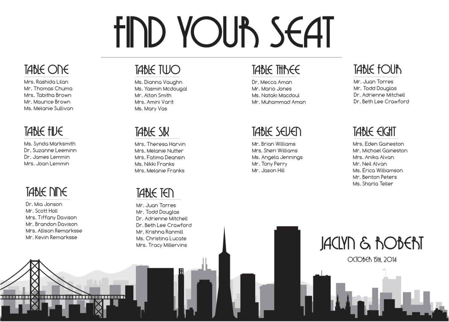 San Francisco Seating Chart Digital Design Printable PDF | Etsy