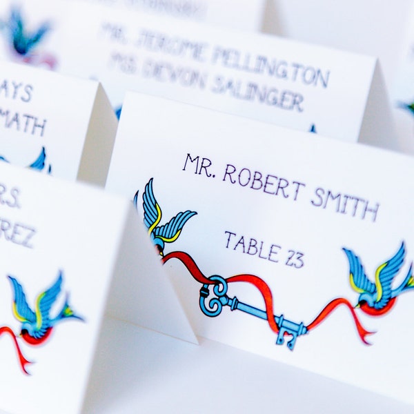 Tattoo Sparrows Printed Place Card for Offbeat, Gothic, Rocker Themed weddings, special events, parties. Arrive folded and ready to use