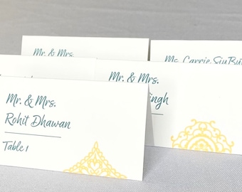 Mehndi Printed Place Card for Indian or Bohemian Weddings and events, choose colors, fonts, arrive folded and ready to use