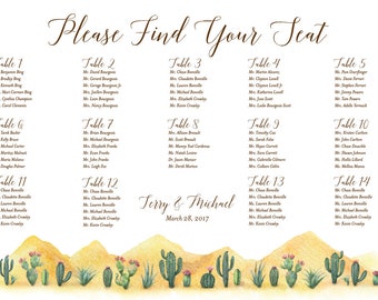 Cactus Printable Seating Chart for boho or desert themed weddings, sent ready to print. Ink color, font, all text custom. Quick turnaround.
