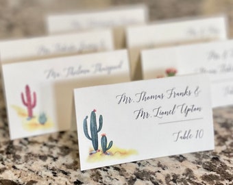 Desert Cactus Printed Place Cards with guest names and table, 8 icons to choose from, pick font and paper color, arrive ready to use