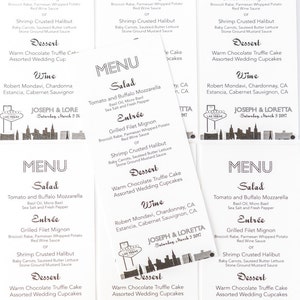 Menú Skyline de Las Vegas para bodas o eventos, personalizado según sus detalles, elija el archivo imprimible terminado o la opción impresa y enviada