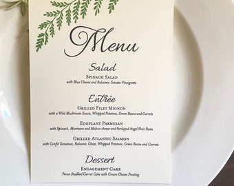 Fern Leaf Menu for Weddings or Events, fully customized to your details, Choose Finished Printable File or Printed and Shipped Option