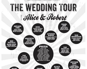 Concert Poster Printable Seating Chart perfect for weddings or bar mitzvahs. Ink color and all text custom. Quick turnaround.