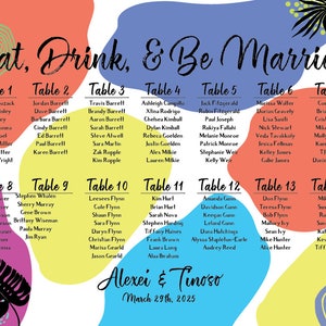 Bright Botanical Shapes Printable Seating Chart, sent ready to print. Ink colors, font, all text custom. Quick turnaround.