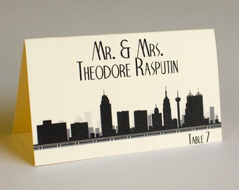 San Antonio Skyline Place Card, Printed with guest name and table, Customize color and font for your wedding or event