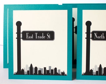 Printed Charlotte Table Number with Skyline and Street Sign, choose your street names and colors, arrive fast and ready to use