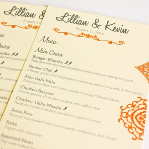 Mehndi-menu voor Indiase bruiloften of evenementen, aangepast aan jouw gegevens, kies afgewerkt afdrukbaar bestand of gedrukte en verzonden optie