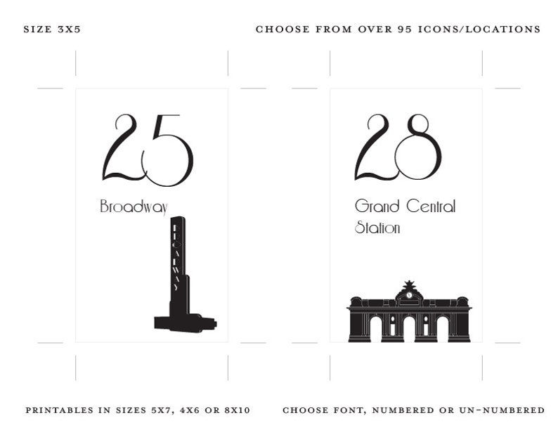 Printable NYC Table Number for Weddings or Parties, choose landmarks, size, font, ink color, sent fully designed and ready to print image 4