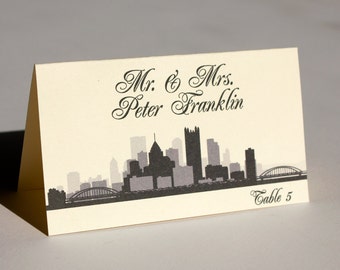 Pittsburgh Skyline Place Card with guest name and table, arrive printed and folded, ready to use, customize font and color