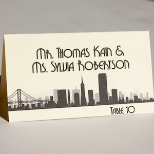 San Francisco Place Card voor bruiloften of feesten, skyline met gastnamen en opdracht, arriveer klaar voor gebruik, kies lettertype en kleur