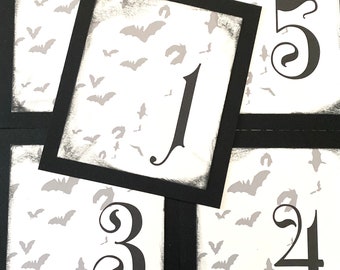 Bats Table Number Cards for Halloween Weddings or events, gothic and creepy for offbeat themes