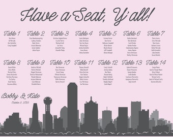 Dallas Texas Printable Seating Chart Poster for weddings or events, sent ready to print. Colors, font, all text custom. Quick turnaround.