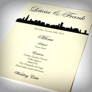 Menu Chicago Skyline na wesela lub imprezy, w pełni dostosowane do Twoich szczegółów, wybierz gotowy plik do druku lub opcję wydrukowania i wysłania