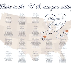 United States Map Printable Seating Chart for weddings, sent ready to print. Ink color, font, all text custom. Quick turnaround.