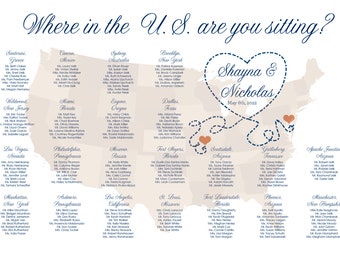 United States Map Printable Seating Chart for weddings, sent ready to print. Ink color, font, all text custom. Quick turnaround.