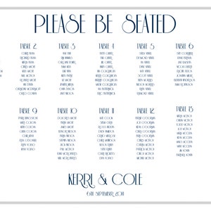 Classic Printable Seating Chart for an elegant wedding, sent ready to print. Ink color, font, all text custom. Quick turnaround time.