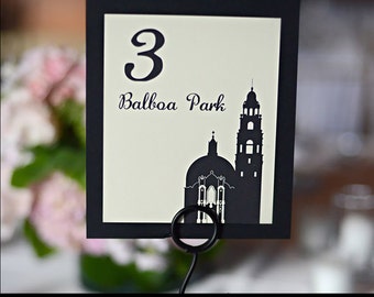 San Diego Table Number for Wedding or Party Decor, Choose from over 40 Landmarks, choose colors and font, high quality, fast shipping