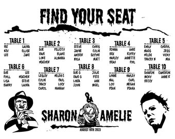 Horror Monsters Printable Seating Chart for Halloween weddings, sent ready to print. Ink color, font, all text custom. Quick turnaround.