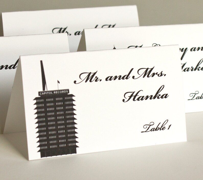 Los Angeles Landmarks Printed Place Card for weddings or parties. Arrive folded and ready to use, choose font and colors. Quick shipping image 1