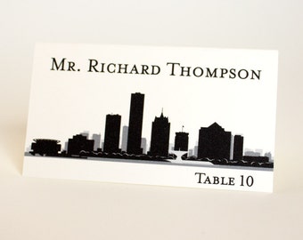 Milwaukee Skyline Printed Place Card with Guest Name and Table, Choose color and font to customize for wedding or party, arrive folded