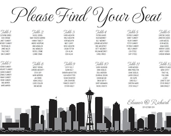 Seattle Printable Seating Chart for weddings, parties. Sent ready to print. Ink color, font, all text custom. Quick turnaround.