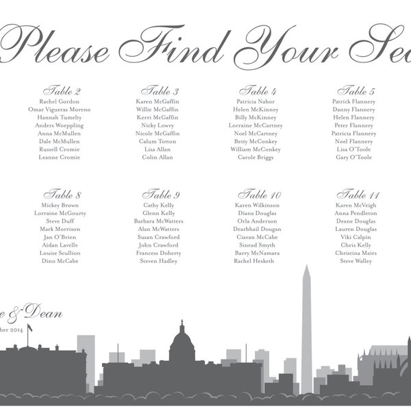 Washington DC Printable Seating Chart Poster, sent ready to print. Ink color, font, all text custom. Quick turnaround time.