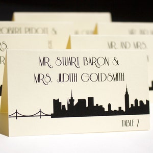 NYC Place Card with Skyline and Guest Names for Wedding Receptions or Parties, arrives printed and folded, choose font and colors