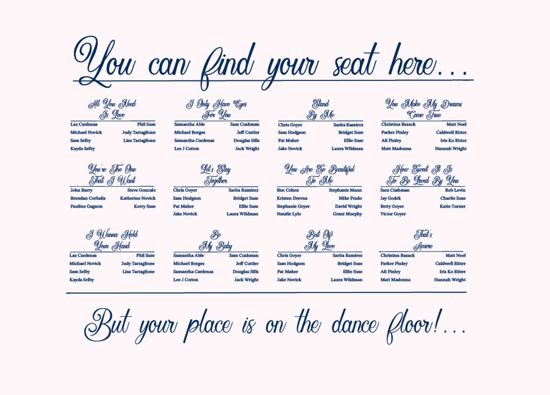 Seating Song Names Place is on the Dance Floor Printable Seating Chart: Choose Song Titles ...