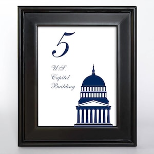 Stampabile Washington DC Numero del tavolo Decorazione per matrimonio Ricevimento Cartello Carte Punti di riferimento Icone 4x6 5x7 o 8x10 Scegli carattere, colore e punti di riferimento