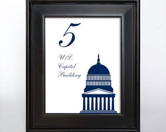 Printable Washington DC Table Number Wedding Decor Reception Sign Cards Landmark Icons 4x6 5x7 or 8x10 Choose Font, Color and Landmarks