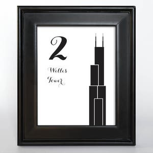 Afdrukbare Chicago tafelnummer bruiloft decor receptie bord kaarten landmark iconen 4 x 6, 5 x 7 of 8 x 10 Kies lettertype, kleur en monumenten