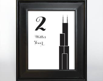 Chicago Landmark Table Numbers: Custom Wedding Reception Decor (Printable PDF File, 4x6/5x7/8x10")